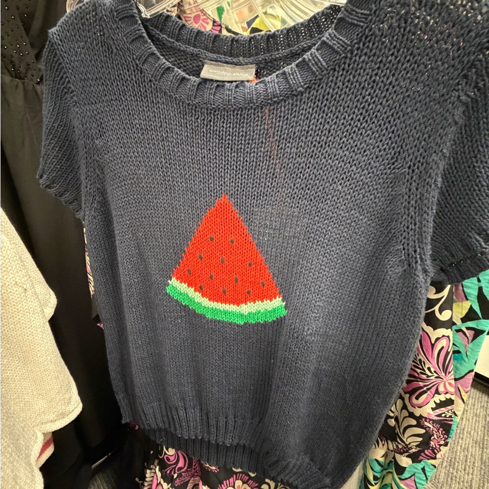 Wooden Ships Navy Sweater with Watermelon Motif